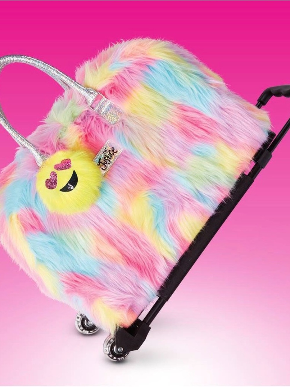 Justice Y2K Pastel Rainbow Faux Fur Weekender Rolling Duffle Yellow Puff Charm